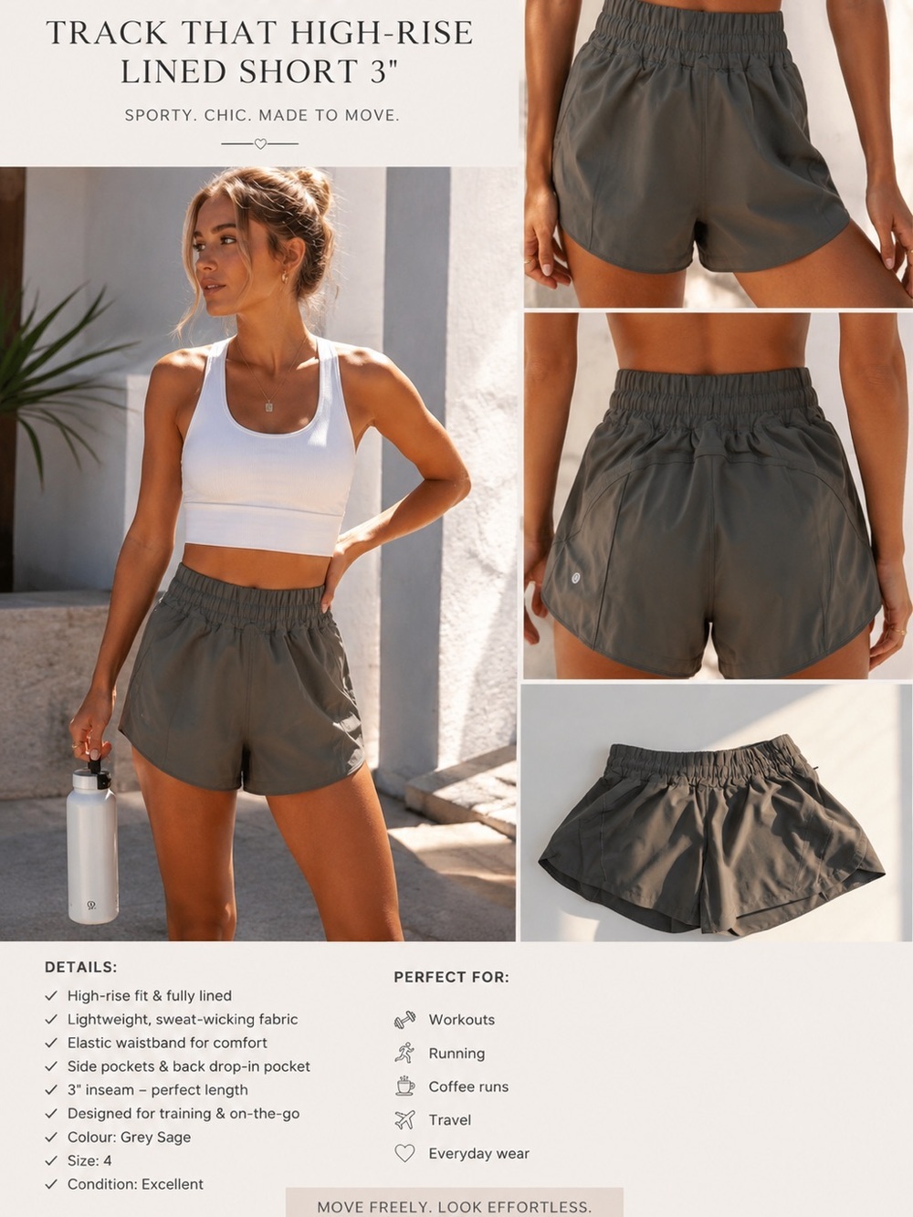 Lululemon Track That High-Rise Lined Shorts 3” Grey Sage | Size 4 | Running Yoga